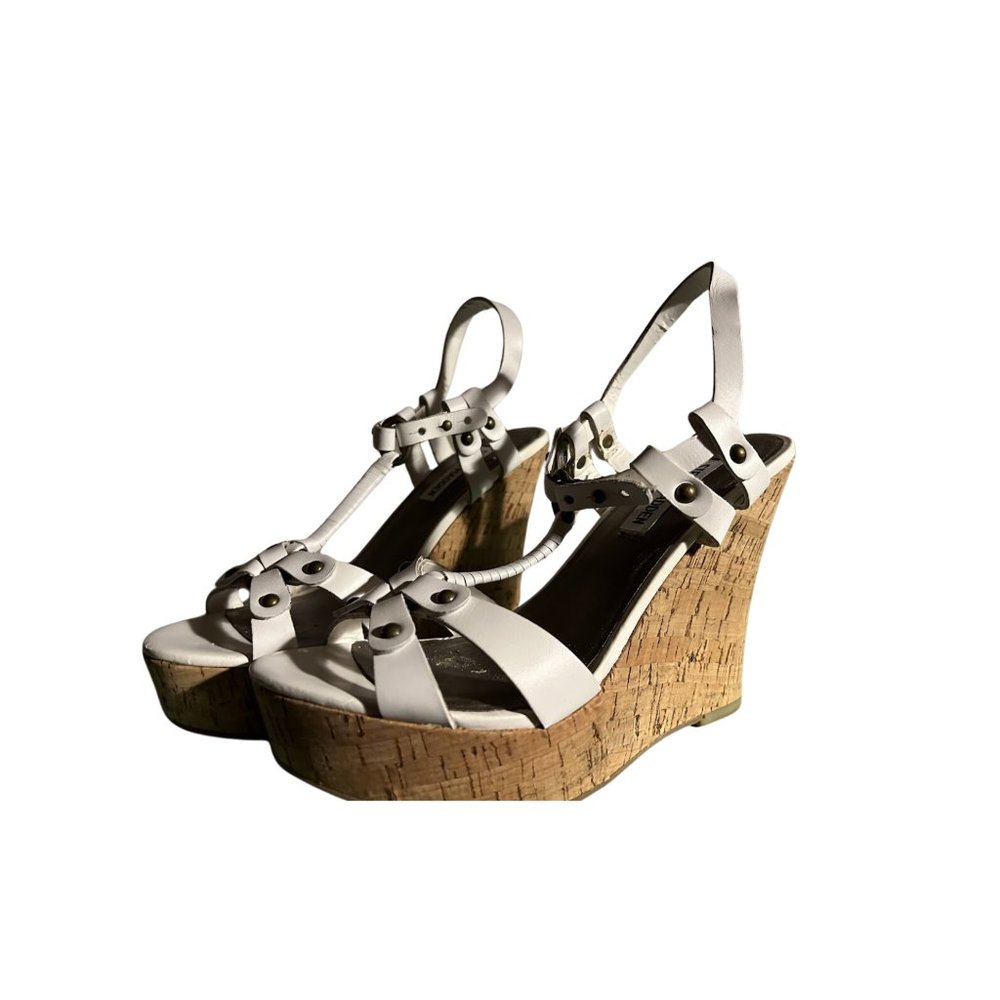 Steve Madden White Leather Wedge Sandals Womens Size 6 1/2